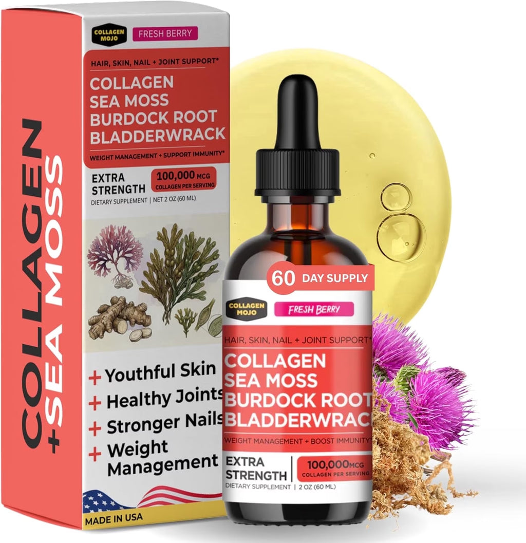 Liquid Collagen Peptides with Sea Moss, Burdock Root & Bladderwrack - High Potency/Absorption Formula. Hair, Skin, Nail + Joint Support. Weight Management & Immunity Booster –  - 2 Oz.