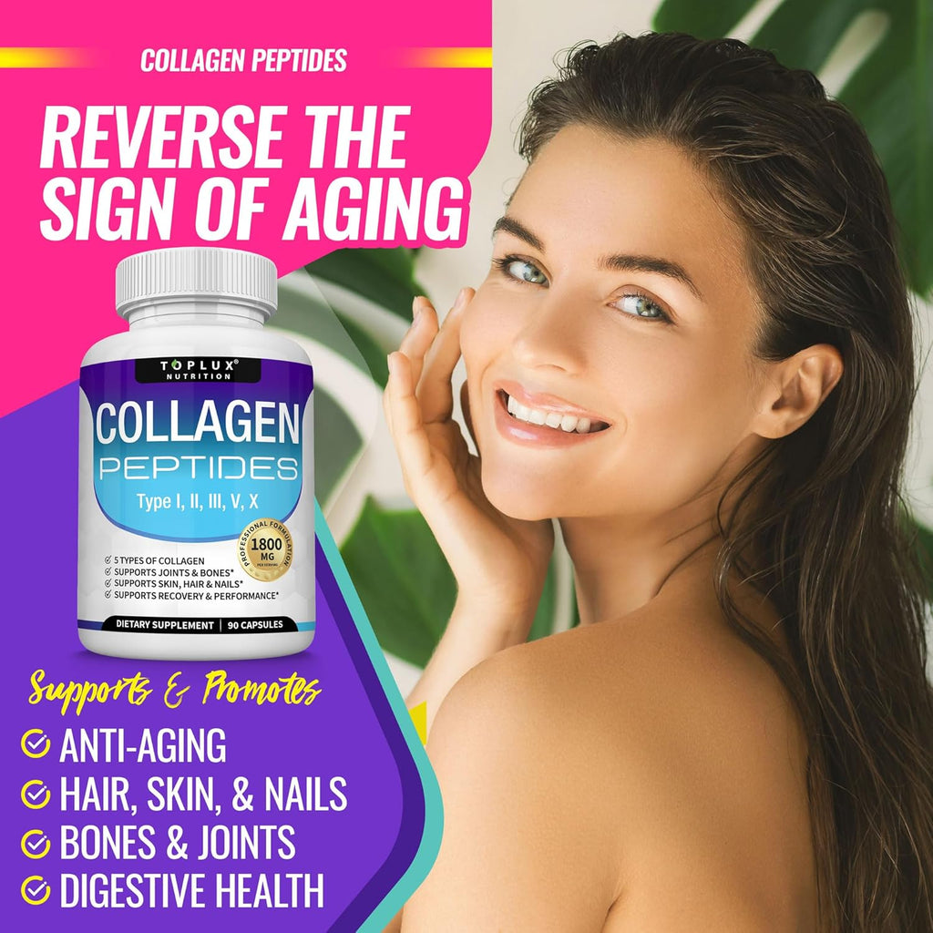 Multi Collagen Peptides Pills 1800 Mg Complex - Type I, II, III, V, X Premium Collagen Complex for Better Skin & Hair, Strong Joint, Hydrolyzed Protein, for Men Women, 90 Capsules, Supplement
