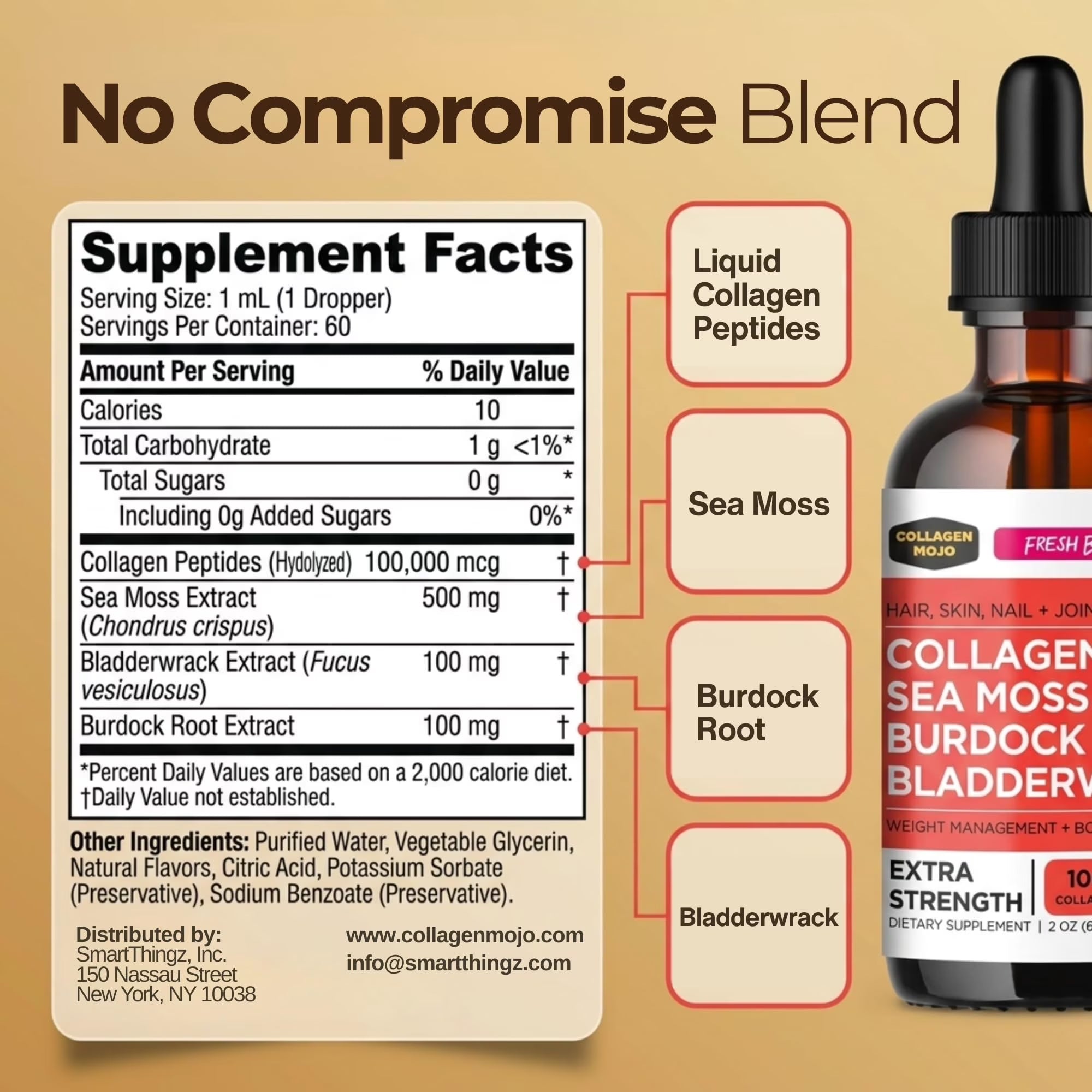 Liquid Collagen Peptides with Sea Moss, Burdock Root & Bladderwrack - High Potency/Absorption Formula. Hair, Skin, Nail + Joint Support. Weight Management & Immunity Booster –  - 2 Oz.