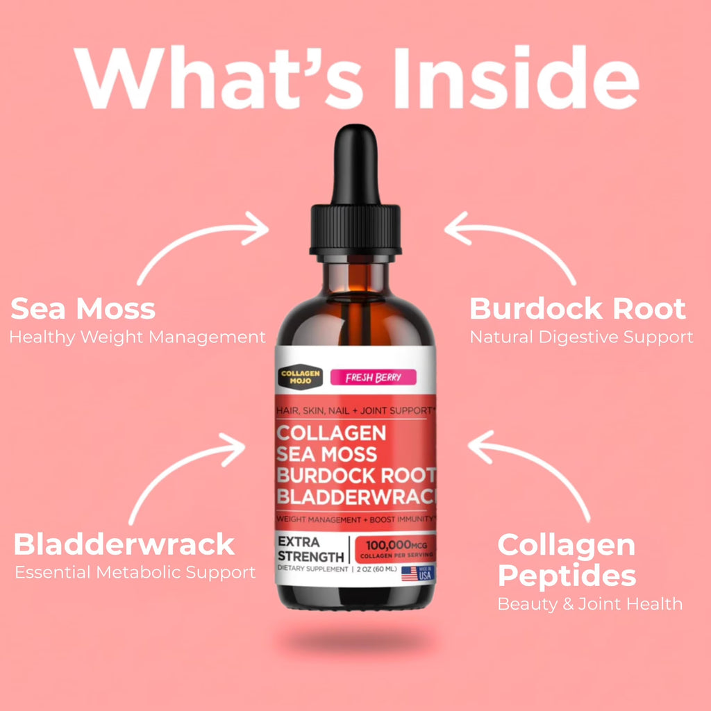 Liquid Collagen Peptides with Sea Moss, Burdock Root & Bladderwrack - High Potency/Absorption Formula. Hair, Skin, Nail + Joint Support. Weight Management & Immunity Booster –  - 2 Oz.