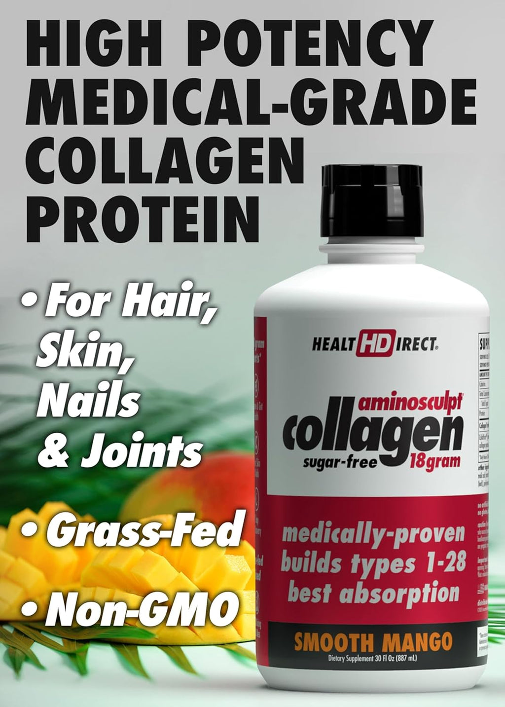 Aminosculpt Sugar-Free Collagen Supplement - High Potency Medical-Grade Protein for Hair, Skin, Nails & Joints, Grass-Fed, Non-Gmo, Liquid Collagen - Smooth Mango - 30 Fl Oz