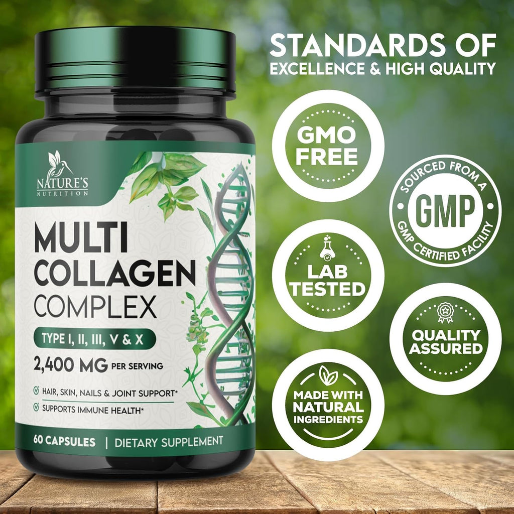 Multi Collagen Pills - Hydrolyzed Collagen Peptides Capsules for Women & Men - Types I, II, III, V, X Multi Collagen Complex - Hair, Skin & Nails Support Supplement - Bottled in the USA - 60 Capsules