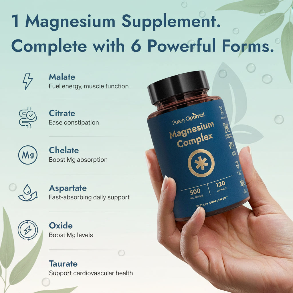 Magnesium Complex - 6 Forms Magnesium Glycinate, Citrate & Malate - Sleep Support, Stress Relief, Muscles, Heart Health & Relaxation - Magnesium Supplement for Women & Men, 120 Caps