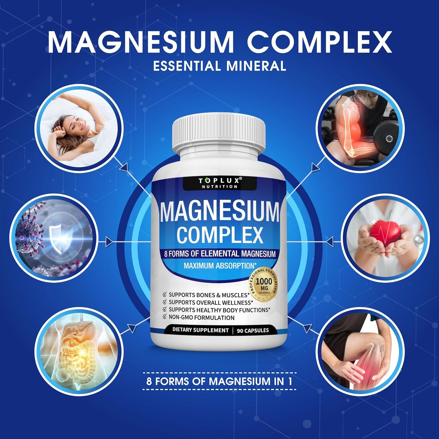 Magnesium Complex Supplement 8 Elemental 1000Mg - Magnesium Glycinate, Citrate, Malate, Taurate, Chelated for Easy Absorption for Bones, Muscle, Recovery, Energy, Vegan Non-Gmo 90 Capsules