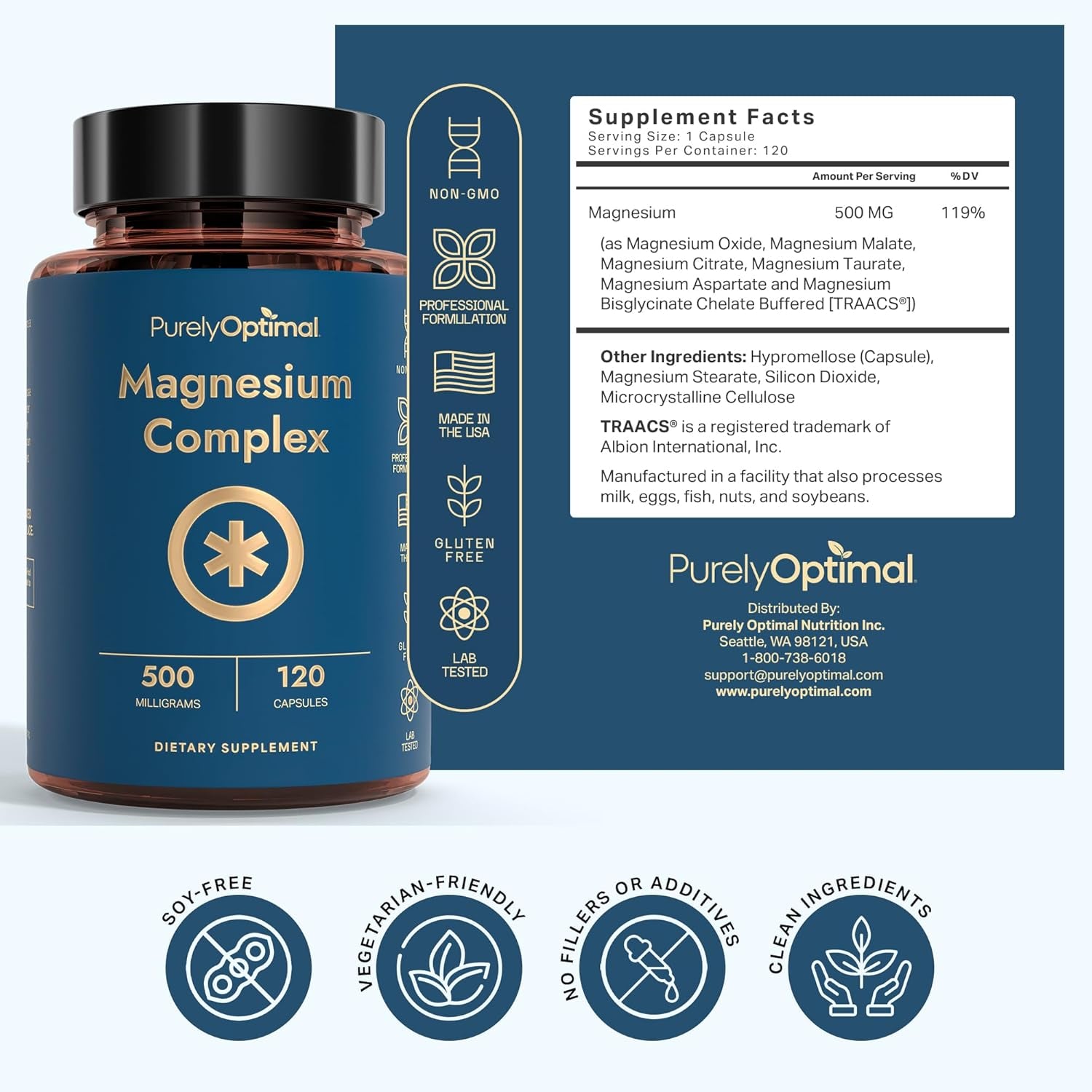 Magnesium Complex - 6 Forms Magnesium Glycinate, Citrate & Malate - Sleep Support, Stress Relief, Muscles, Heart Health & Relaxation - Magnesium Supplement for Women & Men, 120 Caps