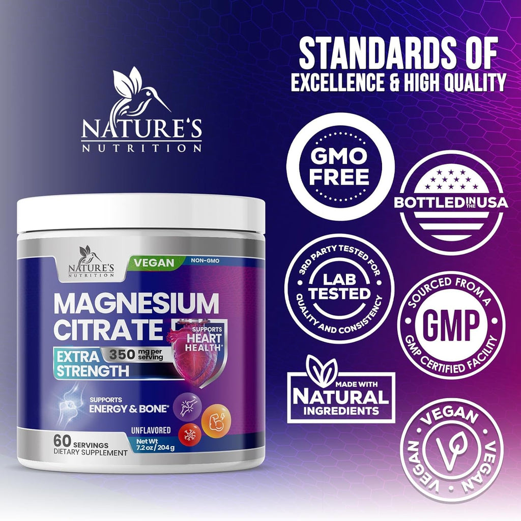 Magnesium Citrate Supplement - Magnesium Citrate Powder Drink Mix Unflavored - Mag Citrate & Aquamin Supplements for Bone, Heart & Muscle Support, Sugar Free, Gluten Free, Vegan - 60 Servings