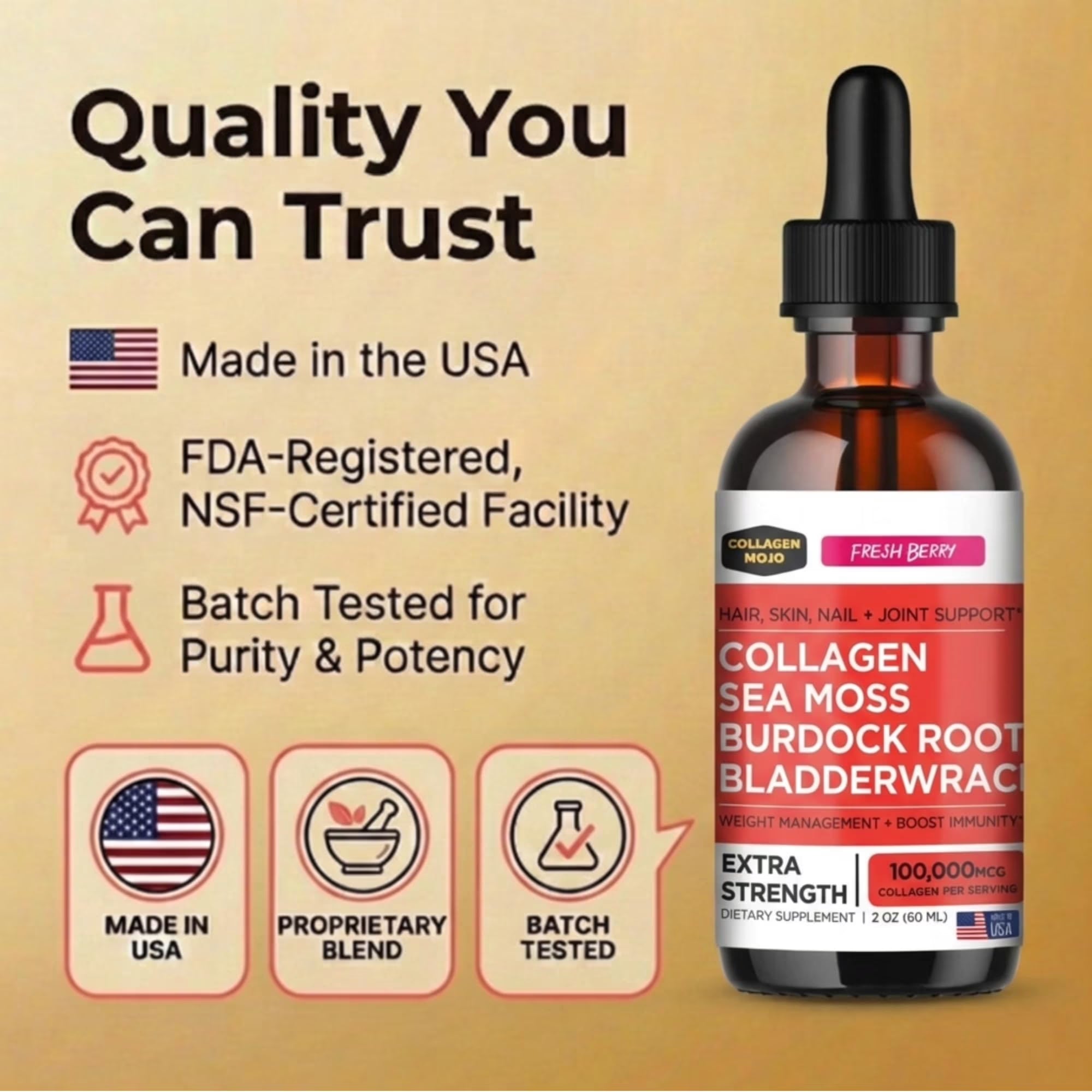 Liquid Collagen Peptides with Sea Moss, Burdock Root & Bladderwrack - High Potency/Absorption Formula. Hair, Skin, Nail + Joint Support. Weight Management & Immunity Booster –  - 2 Oz.