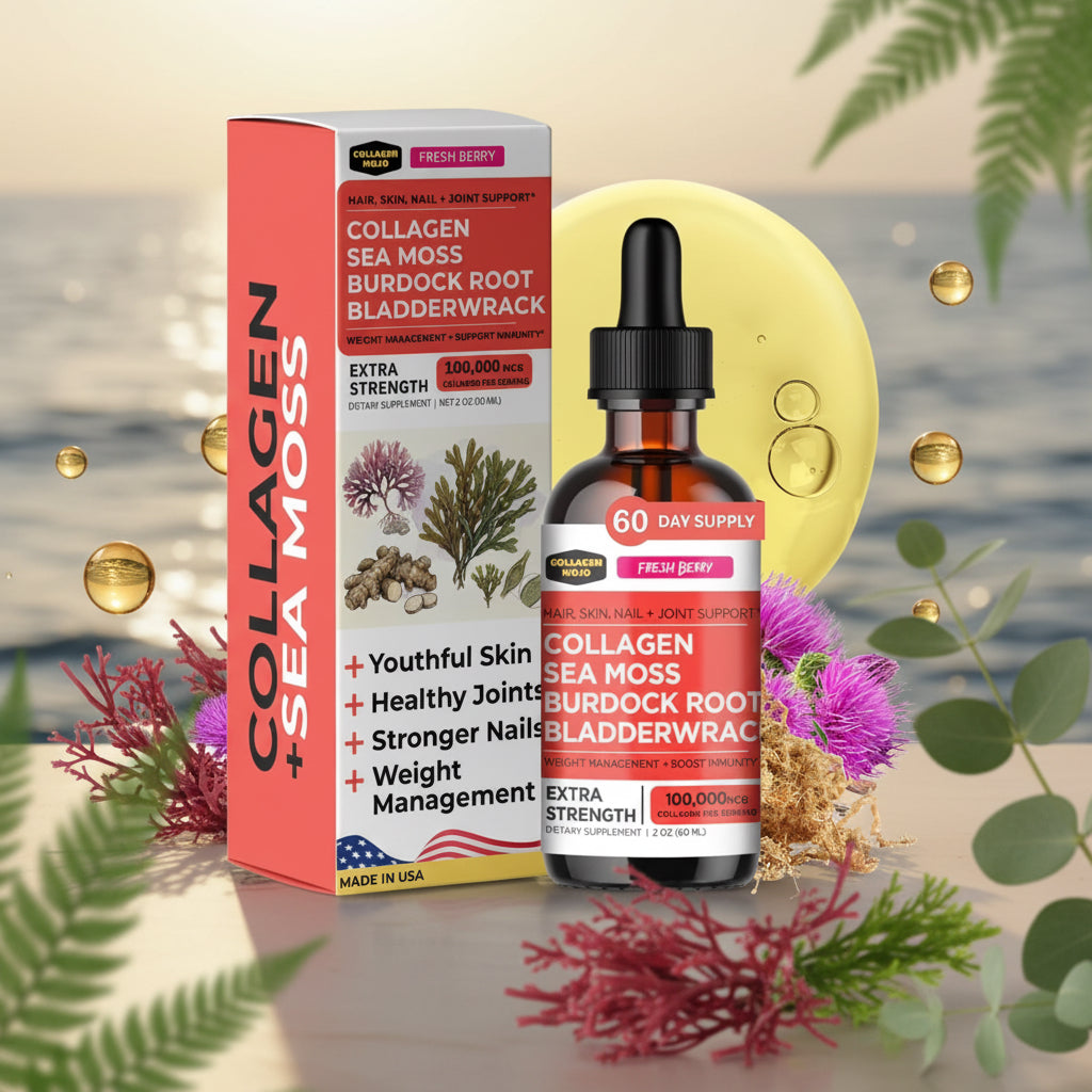 Liquid Collagen Peptides with Sea Moss, Burdock Root & Bladderwrack - High Potency/Absorption Formula. Hair, Skin, Nail + Joint Support. Weight Management & Immunity Booster –  - 2 Oz.