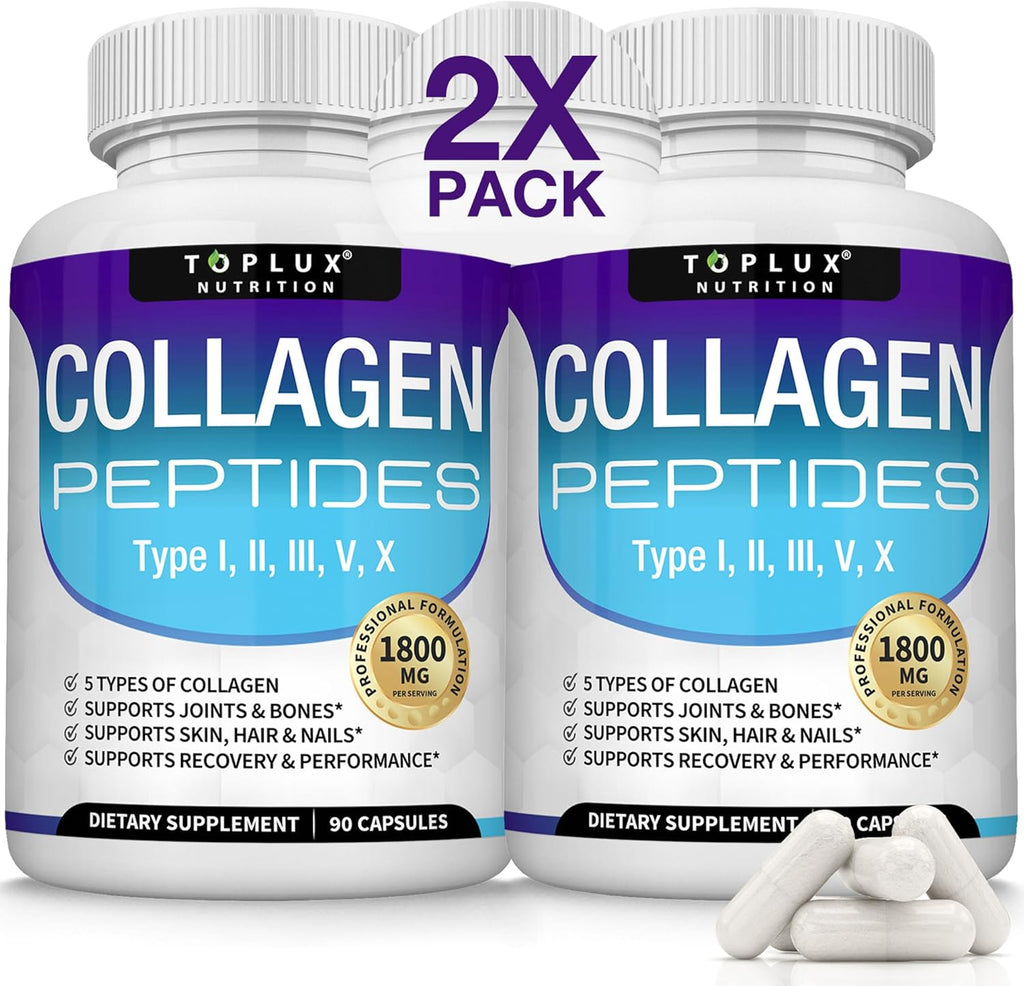 Multi Collagen Peptides Pills 1800 Mg Complex - Type I, II, III, V, X Premium Collagen Complex for Better Skin & Hair, Strong Joint, Hydrolyzed Protein, for Men Women, 90 Capsules, Supplement