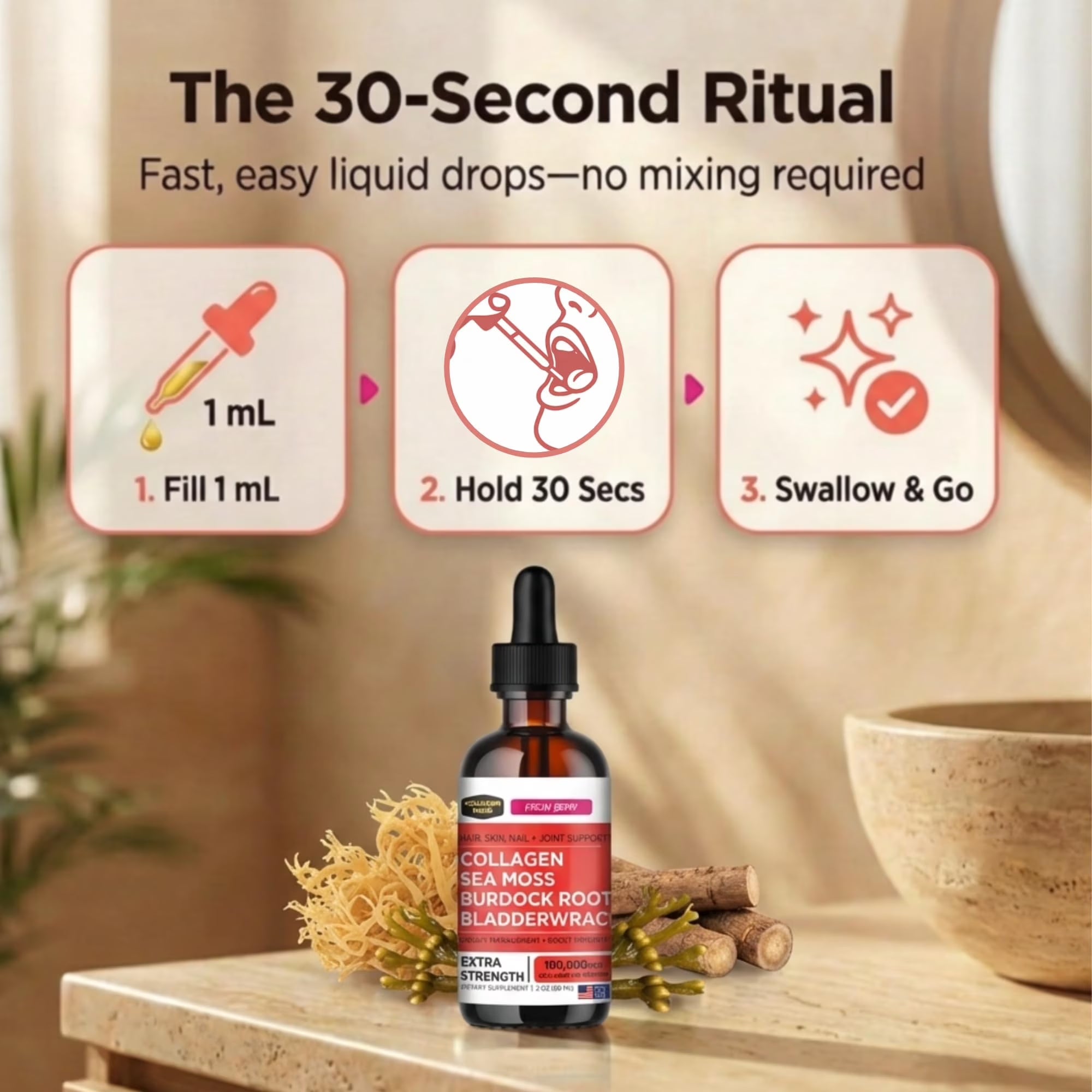 Liquid Collagen Peptides with Sea Moss, Burdock Root & Bladderwrack - High Potency/Absorption Formula. Hair, Skin, Nail + Joint Support. Weight Management & Immunity Booster –  - 2 Oz.