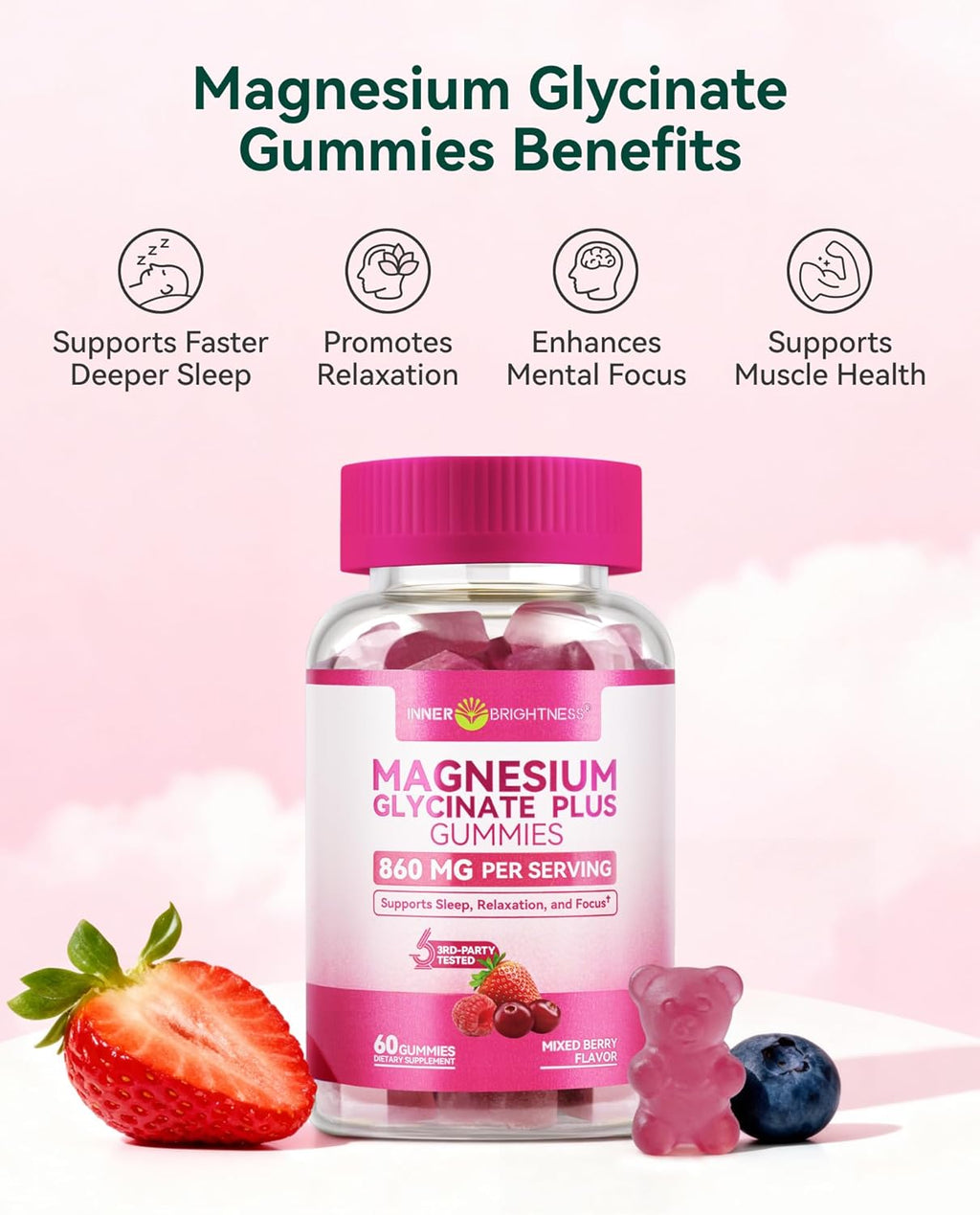 Magnesium Glycinate plus Gummies 860Mg, Sugar-Free, Non-Gmo, Gluten-Free, Magnesium Gummies for Adults & Kids, Sleep, Relaxation & Focus, Magnesium Supplement for Women, Mixed Berry Flavor, 60 Count