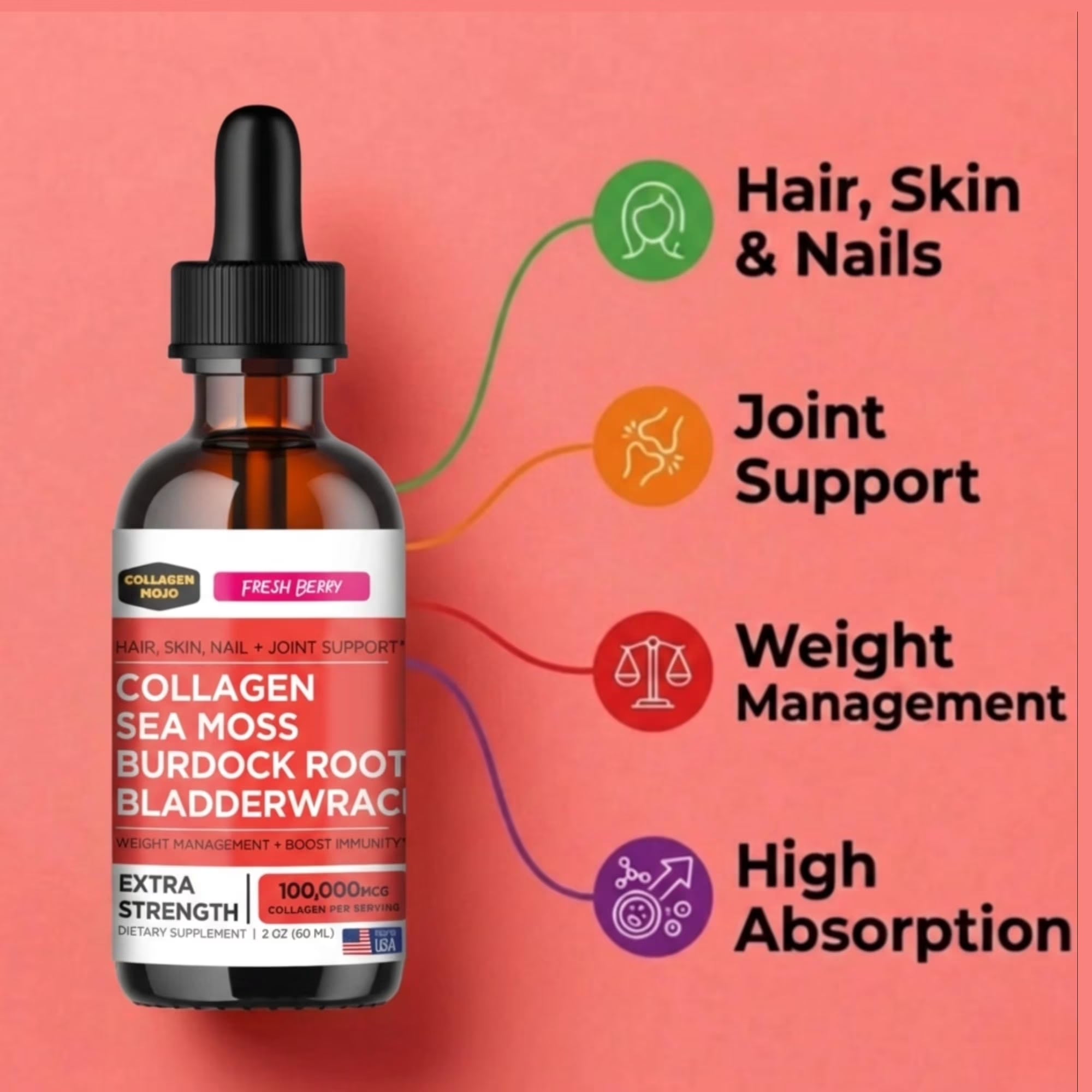 Liquid Collagen Peptides with Sea Moss, Burdock Root & Bladderwrack - High Potency/Absorption Formula. Hair, Skin, Nail + Joint Support. Weight Management & Immunity Booster –  - 2 Oz.
