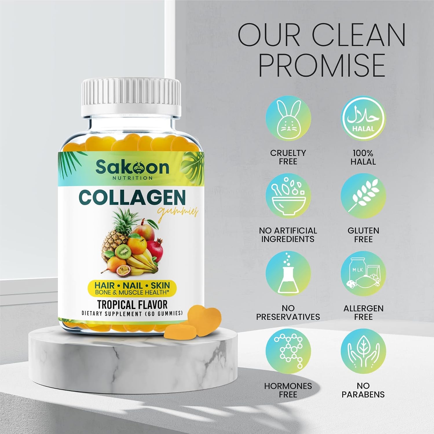 Halal Collagen Gummies for Women and Men - anti Aging, Hair Growth, Skin Care & Strong Nails Protein Collagen Supplements - Non-Gmo, Gluten Free - Made in USA
